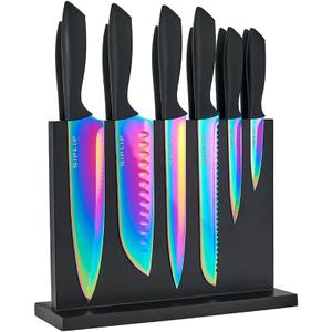 15-Piece High Carbon Stainless Steel Kitchen Knife Set with Magnetic Holder - Includes Chef's, Bread, Serrated Steak Knives and Sharpener (Rainbow)