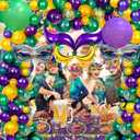 114 PCS Mardi Gras Party Decorations Green Purple Yellow Balloon Arch Large Sized Mask Moon Star Foil Balloons for Mardi Gras Birthday Baby Shower Masquerade New Orleans Party, 12 Inch, 5 Inch