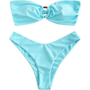 ZAFUL Women's Tie Dye Ribbed O Ring Lace Up Tie Side Bandeau Bikini Set Swimsuit (E-A-Blue, Small)