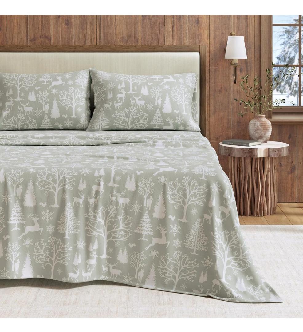 Great Bay Home Flannel Sheet Set King Size - 100% Turkish Cotton, Double-Brushed, Lodge-Printed Bed Sheets - Ultra-Soft, Cozy, 4-Piece Bedding Set (Enchanted Woods - Blue)