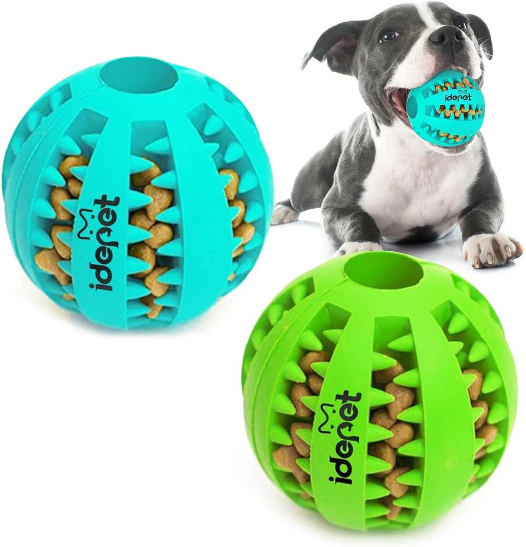 Idepet Dog Toy, Nontoxic Bite Resistant Toy for Pet Dogs Puppy Cat, Dog Pet Food Treat Feeder Chew Tooth Cleaning Exercise Game IQ Training Ball (3.15 inch, Blue&Green)