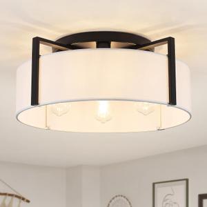 20.5" Semi Flush Mount Ceiling Light, 4-Light Modern Kitchen Hallway Light Fixtures with Drum White Shade, Metal Close to Ceiling Lights for Entryway Living Room Bedroom Dining Room Foyer, Black