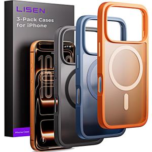 LISEN 3-Pack Magnetic Shockproof for iPhone 17 Pro Case Slim [Fit for MagSafe][Military Grade Drop Protection] Translucent Matte Phone Case for i Phone 17 Pro, Cosmic Orange, Space Black, Deep Blue