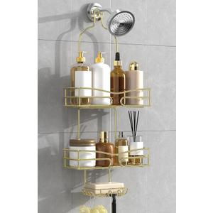 Over the Shower Head Caddy - 3 Tier Shower Caddy Hanging, Gold Bathroom Organizer with Soap Holder & Hooks (Style 1)