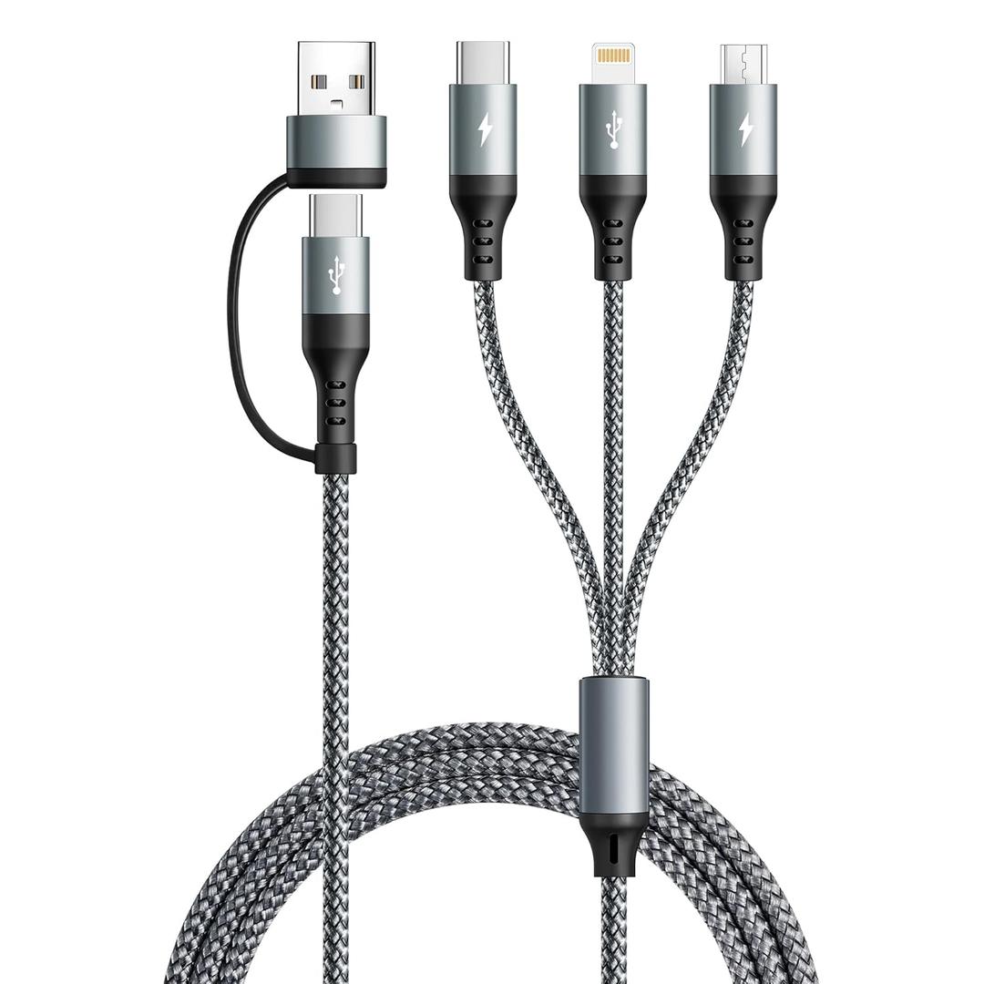 5 in 1 Multi Charging Cable,1Pack 4Ft USB A/C Multi Charger Cable to Lightning/Type C/Micro USB Ports Braided Multiple Charger Cord for All Devices for iPhone Series/Samsung/Tablets/PS and More