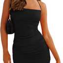 HOCILLE Women's Sexy Halter Bodycon Backless Ruched Spaghetti Strap Mini Club Party Dresses, L