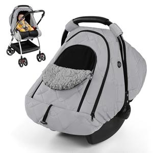Baby Car Seat Cover Winter, Waterproof Baby Car seat Cover for Girl Boy with Mesh, Warm Fleece Infant Car Seat Cover, Breathable Car Seat Cover for Babies, Double Windows Car seat Canopy Covers, Grey