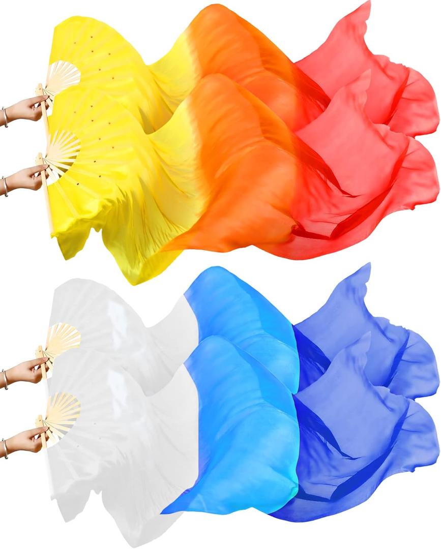 Qunclay 2 Pairs 1.8 Meter/ 5.91 ft Artificial Silk Belly Dance Bamboo Fans Veils National Dance Artificial Silk Veil Fans Long Folding Imitated Silk Fans for Dancing (Bright Color)