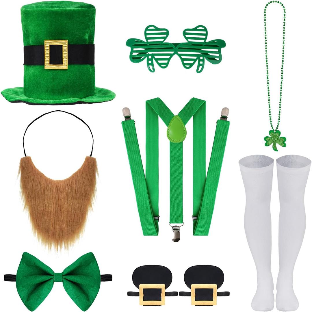 8 Pcs St Patrick's Day Costume Set with Hat Beard Suspender Necklace Glasses Bow Tie Socks Shoe Buckles for Men Adult Party Suit Outfit (Green)