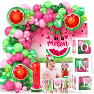 SNLN One In A Melon Party Decorations, Watermelon 1st Birthday Decorations Girl, ONE Balloon Boxes, Backdrop, Watermelon Balloon Arch, Chair Banner Crown Cake Topper Foil Balloon, First Birthday Decor
