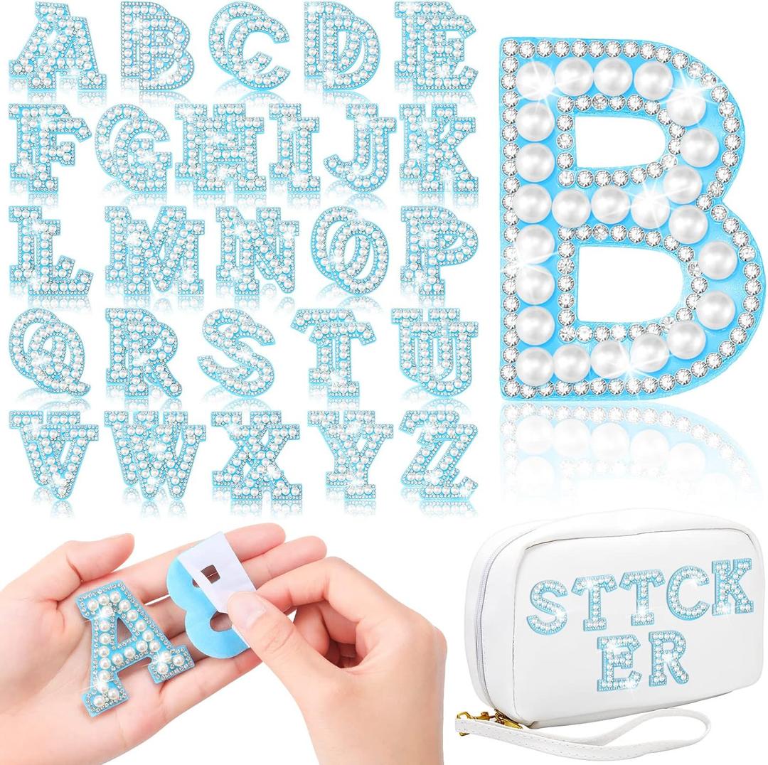 WILLBOND 52 Pieces Self Adhesive Pearl Rhinestone Letter Patches A-Z Glitter Letter Stickers Pearl Alphabet Appliques for Clothes Hat Backpack, Wedding Graduation Mother's Day DIY Crafts(Blue)