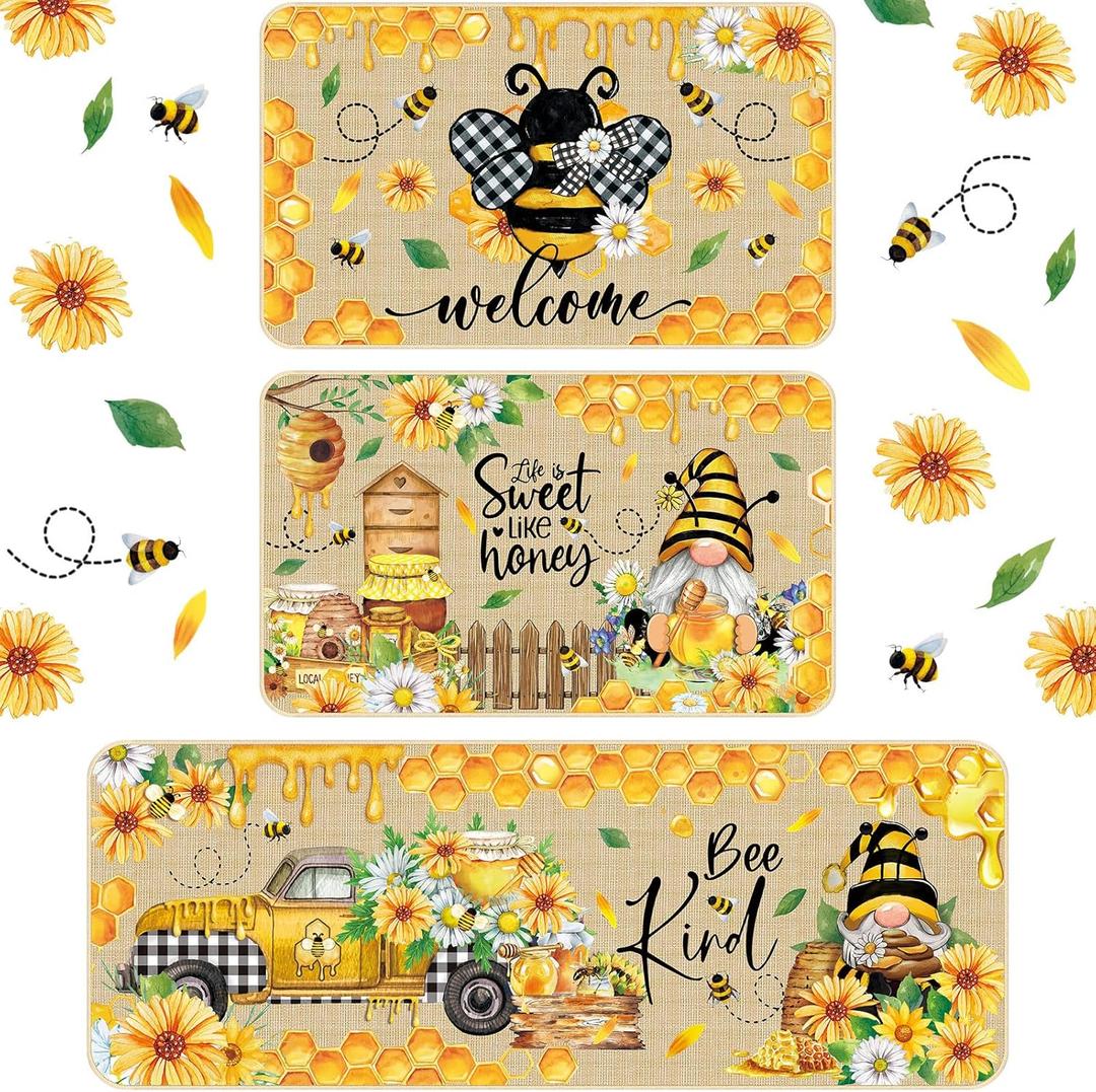 Timgle 3 Pcs Bee Kitchen Rugs Gnomes Rug Retro Style Non Slip Kitchen Print Floor Mat Washable Floor Comfortable Mat for Home Office Sink 17 x 29 Inch 17 x 47 Inch