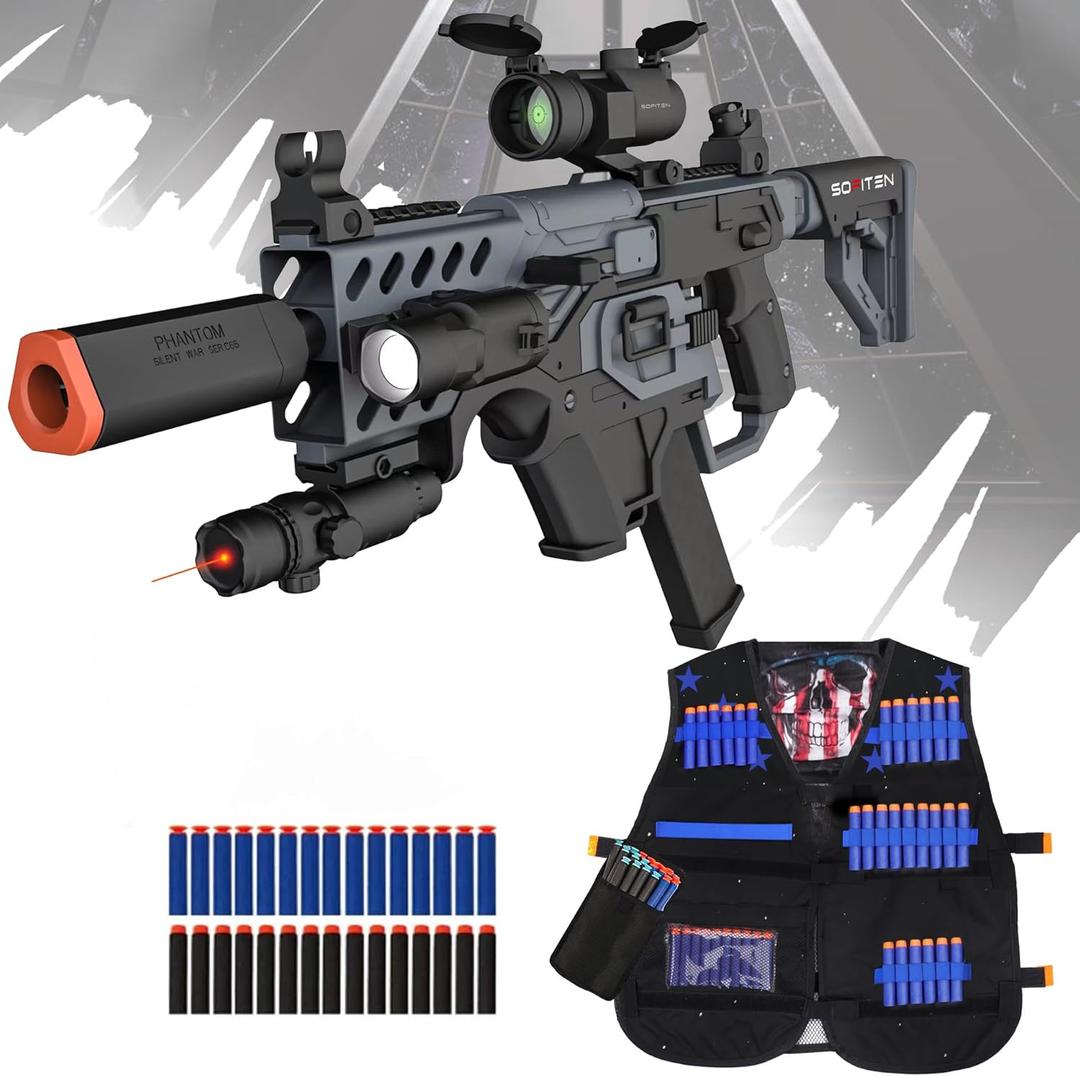 Toy Gun Automatic Sniper Rifle with Tactical Vest Kit, Scope. Toy Foam Blaster Dart Toys with 120 Darts, IR and Flashlight. The Shooting Activity Game for Kids Age 8+ (Black)
