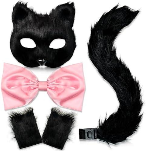 Cat Costume for Women - Therian Furry Mask, Bow, Paw Gloves, Long Tail - Fox Outfit Set for Halloween, Pack Of 5 Costumes