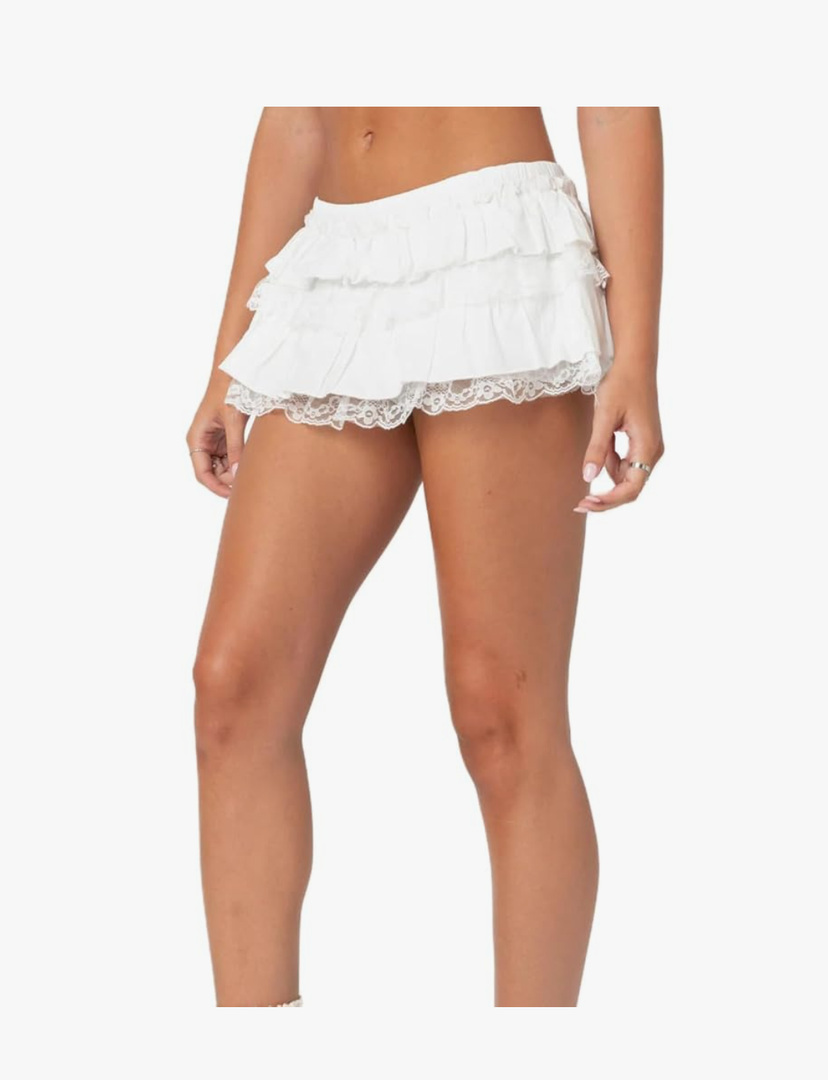 Women Lace Skater Skirts Low Rise Ruffle Frill Tiered Bloomer Mini Skort Cute Layered Flowy A Line Shorts Skirts L