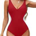 BMJL Women's One Piece Swimsuit Slimming Tummy Control Bathing Suit Deep V Neck Color Block Lace Up Back Swimwear (X-Large, Red062)