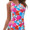 Modest Full Coverage One Piece Swimsuit for Women Floral Bathing Suit Criss Cross Back Swimwear (2-4, Pink Blue Floral)