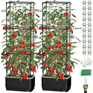 Self Watering Tomato Planter with Trellis, Rectangular Tomato Cages Trellis for Raised Garden Bed, Tomato Planters Box for Garden Pots Patio Indoor Outdoor (Rectangular, 2PC)