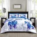Sunshine Nicole Soft Brushed Microfiber Comforter Set, 7 Pieces Queen, with Light Weight Soft Poly Fill, Printed Dark Blue Grey Big Florals Face with Print Reverse