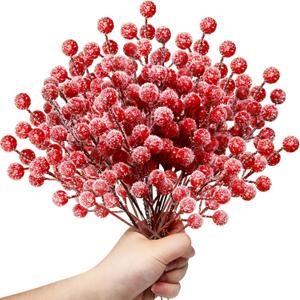 OJYUDD 30 Pack Snow Frosted Artificial Red Berry Stems,8.9" Holly Frosted Berry Branch Picks,Sprays Snowy Fake Red Berries for Christmas Tree,Valentine DIY Crafts,Winter Wedding Home Party Decor