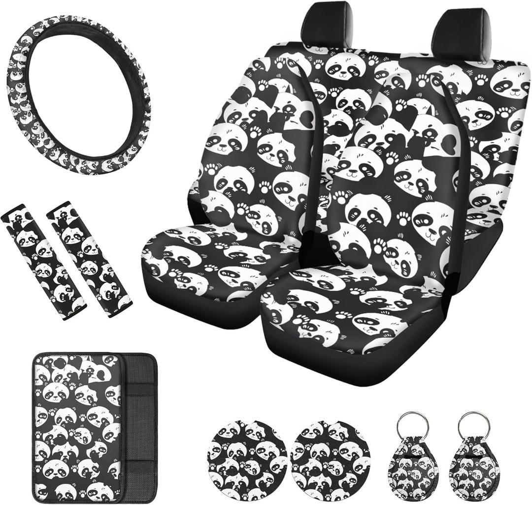 12 Piece Panda Printed Car Seat Covers Full Set Includes Car Front/Back Seat Cover with Steering Wheel Cover Armrest Cover Seat Belt Pads Coaster Keychain, Auto Accessories, Black