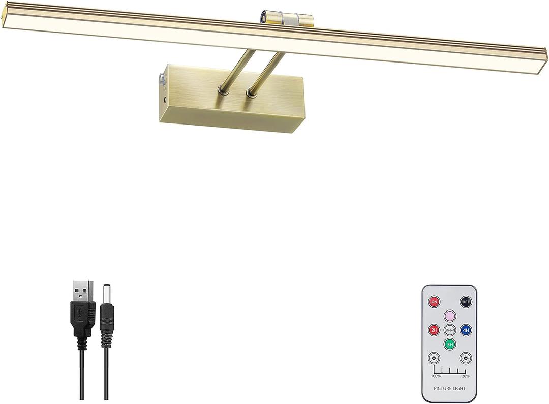 HEAGEERO Picture Light,20in Battery Picture Light for Wall, 5000mAh Wireless Remote Painting Light with Timer and Dimmable, Metal Art Light for Display,Artwork,Portrait,Gallery-Antique Brass