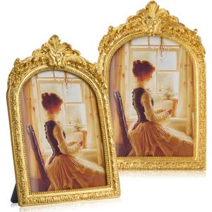 2 Pcs Vintage Gold Frames 5x7 Gold Frames with Glass Floral Relic Hand Crafted Resin Antique for Tabletop Display, Retro Design Home Decor (Novel)