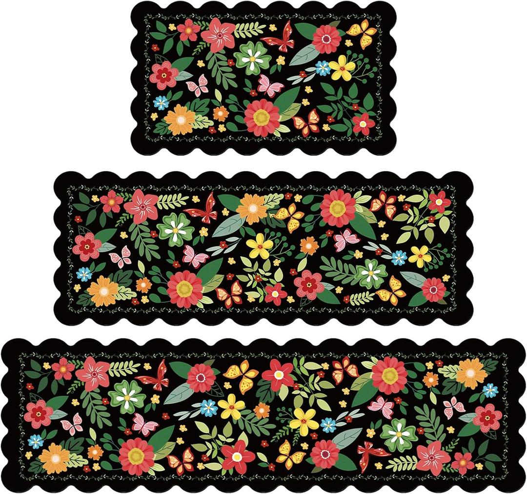 Scalloped Kitchen Mats for Floor 3 Piece Set, Non Slip Cushioned Runners Waterproof Comfort Kitchen Rugs and Mats Rustic Dcor, Farmhouse Floral Chef Mat Carpet for Sink and Stove Combo Laundry Room (17''30''+17''47''+17''59", Black Flowers)