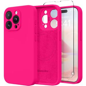 Magnetic for iPhone 14 Pro Max Case, Compatible with MagSafe, [Full Camera Protection][Screen Protector] Silicone Shockproof Protective Phone Case for iPhone 14 Pro Max 6.7", Hot Pink