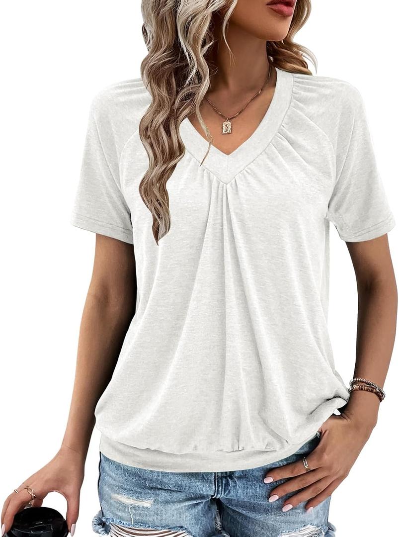 Gihgoew Summer Tops for Women 2025 Shorts Sleeve Womens Tops,V Neck Soft Casual Loose Fit Ruched Top T Shirts Tee Clothes (White, S)