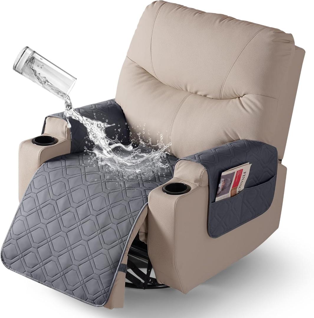 VANSOFY Recliner Chair Covers 100% Waterproof Seat Cover with Arm Reclining Cover Non-Slip Recliner Chair Covers Furniture Protector Washable Slipcover with Pocket for Pets, Dogs(Dark Gray, 22")