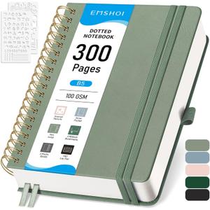 EMSHOI Bullet Dotted Journal Spiral Notebook - 300 Pages, B5 Hardcover Leather, 100 GSM Thick Dot Grid Notebook for Women Men Work Writing, Bullet Journaling, Drawing, 7.48" x 10.15", Light Green