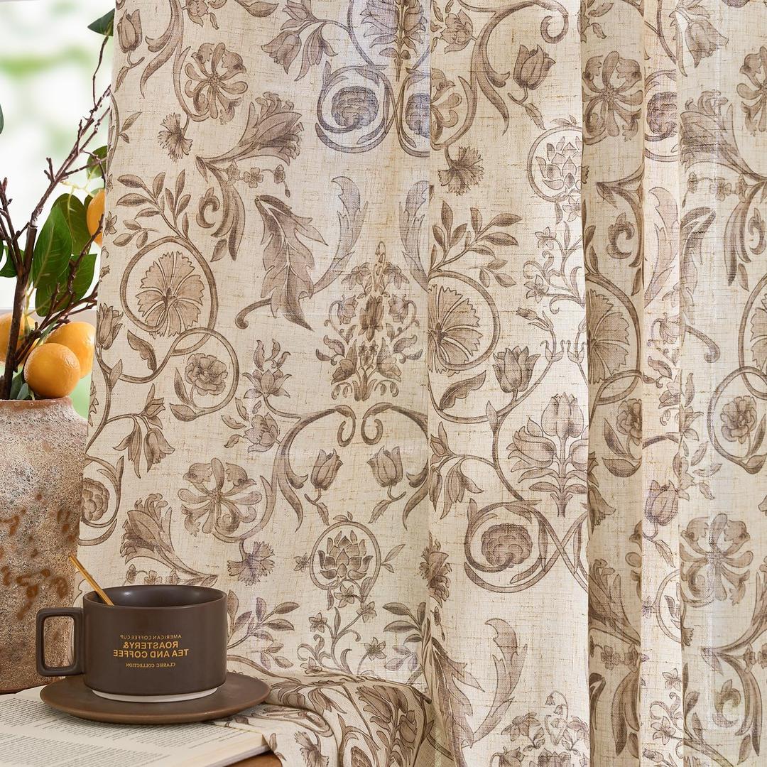 jinchan Linen Floral Curtains for Living Room with Printed Flower 84 Inches Long Light Filtering Farmhouse Window Treatment Vintage Drapes Back Tab Rod Pocket 2 Panels Taupe on Beige