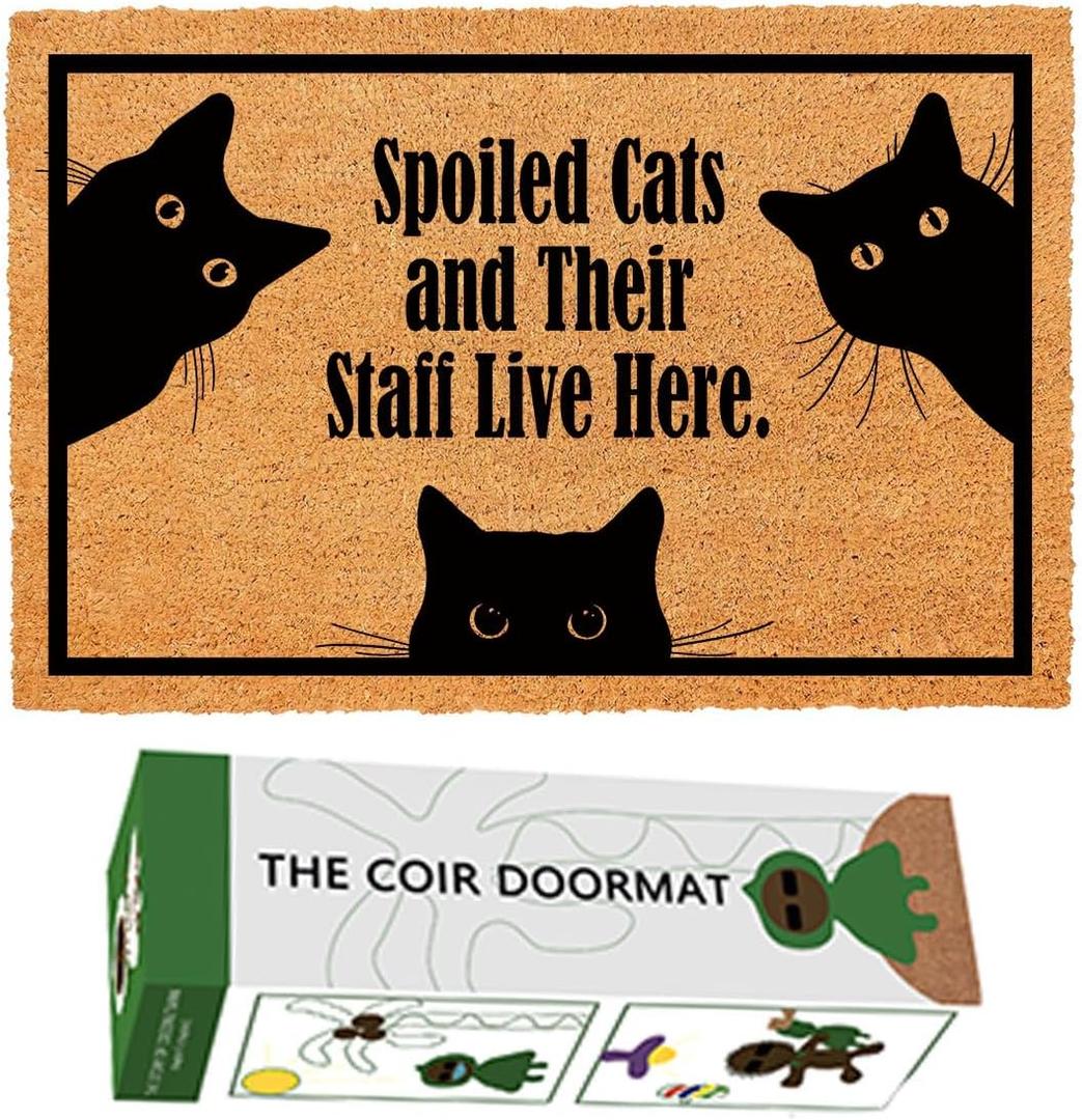 Coir Doormat Spoiled Cats and Their Staff Live Here, Small, Brown, Rustic, 23.6 x 15.7 inches