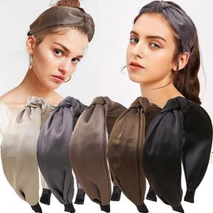 5pcs/set Wide Satin Knotted Headbands for Women Girl Stylish Hair Hoop Fashion Vintage Hair Accessories for Daily Wear (5pcs-Coffee Series)