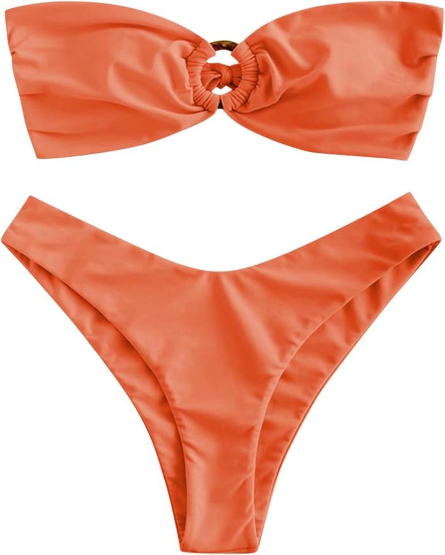 ZAFUL Women's Bandeau Bikini O Ring Strapless Tie Back High Cut Two Piece Swimsuit Bathing Suits, S