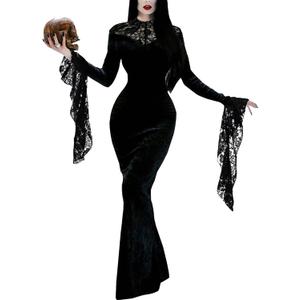 Women Morticia Halloween Dress Long Sleeve Off Shoulder Maxi Dress (Black, L)