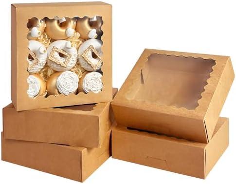 Bakepacker 36pcs Brown Pie Boxes 9x9x2.5 inches Easy Assemble Macaroon Cookie Boxes Bakery Boxes with Window for Bakery (Auto-pop Up)