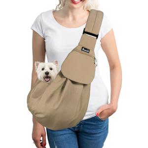 SlowTon Dog Carrier Sling - Thick Padded Shoulder Strap Adjustable Dog Carriers for Small Dogs, Puppy Carrier Purse for Pet Cat with Front Zipper Pocket Safety Belt Machine Washable (BRN, M) (L-Brown Water-Resistant)