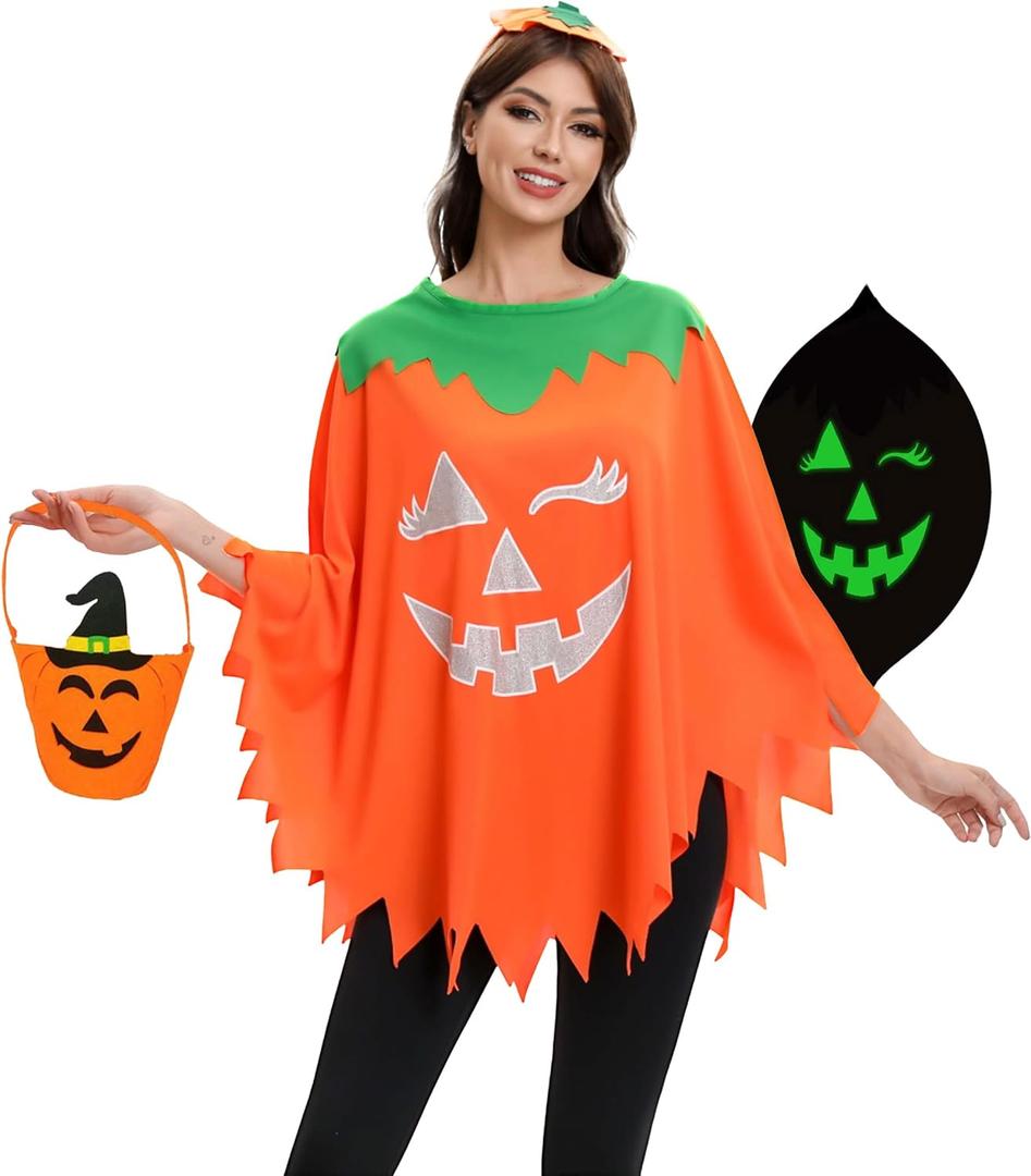 3 PCS Glow in the Dark Pumpkin Costume for Women - Halloween Outfit with Headband, Candy Bag, Wrinkle-Resistant Poncho (One Size)