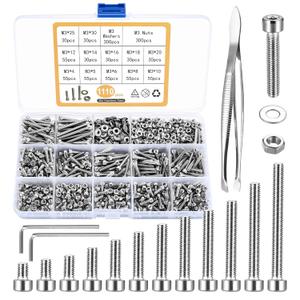 1110 Pcs M3 Small Metric Screws with Nuts, Hex Socket Head Cap and Nut Assortment Kits, Stainless Steel Replacement Machine Fastener Screws and Bolts Nuts (Silver 1110)