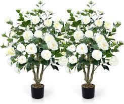 Artificial Camellia Tree 2 Pack 42" with 32 Blooming Flowers in Pot White