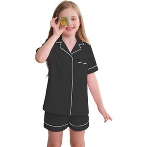 Veseacky 2 Piece Toddler Pajama Set Short Sleeve Sleepwear Boy Girl Button Down Pjs Cotton Loungewear Black 10-11 Years (Black)