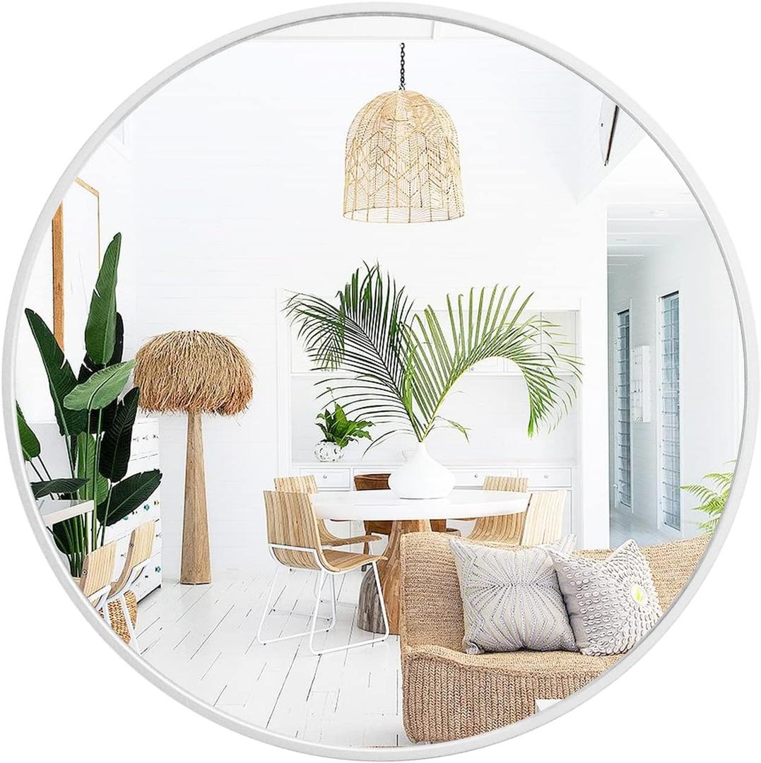 sawsile 18 Inch Round Wall Circle Mirror,Large White Metal Framed Wall-Mounted Hanging Mirror for for Bathroom Decor,Vanity Bedroom, Living Room, Entryway