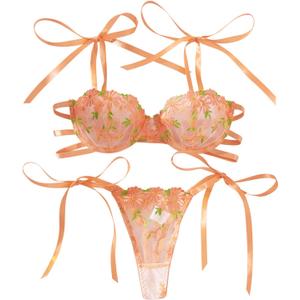 Lilosy Sexy Tie Side Embroidered Underwire Push Up Cute Strappy Mesh Sheer Bachelorette Lingerie Set (Medium, Flower Orange)