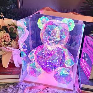 LED Teddy Bear Night Light, Holographic Iridescent Design, Nursery Decor Display Box with Ribbon (Pink Hear, Medium)