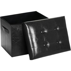 Storage Ottoman Footrest Stool, Foldable Oil Waxed Leather Footstool with Thicker Foam Padded Seat, Small Ottoman with Storage Bench for Living Room Bedroom 350 lbs, 17x13x13in, Black