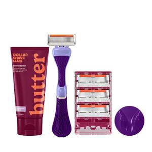 Dollar Shave Club For Women | 1 Purple Wavy Grip Handle, 4 Razor Refills, 1 Cashmere Santal Shave Butter, 1 Shower Hanger | Razors for Women, Womens Razors