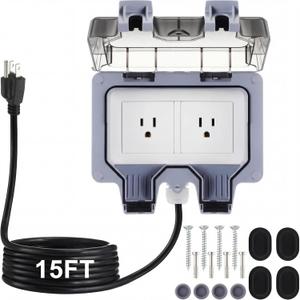 Kanayu Outdoor Outlet Box with 15ft Extension Cord, Dual 15 AMP 5-15 Receptacles Weatherproof Waterproof IP66 Outdoor Exterior Socket with Cover, 14 AWG/3C SJTW Cord