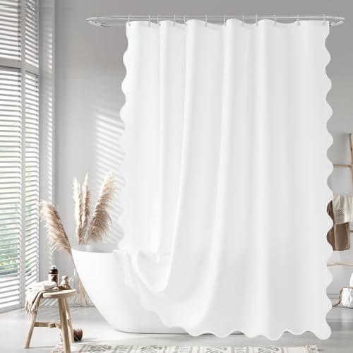 Seasonwood White Scalloped Shower Curtain 72 x 72 Inches, Aesthetic Fabric Shower Curtain Cute Pretty Shower Curtains